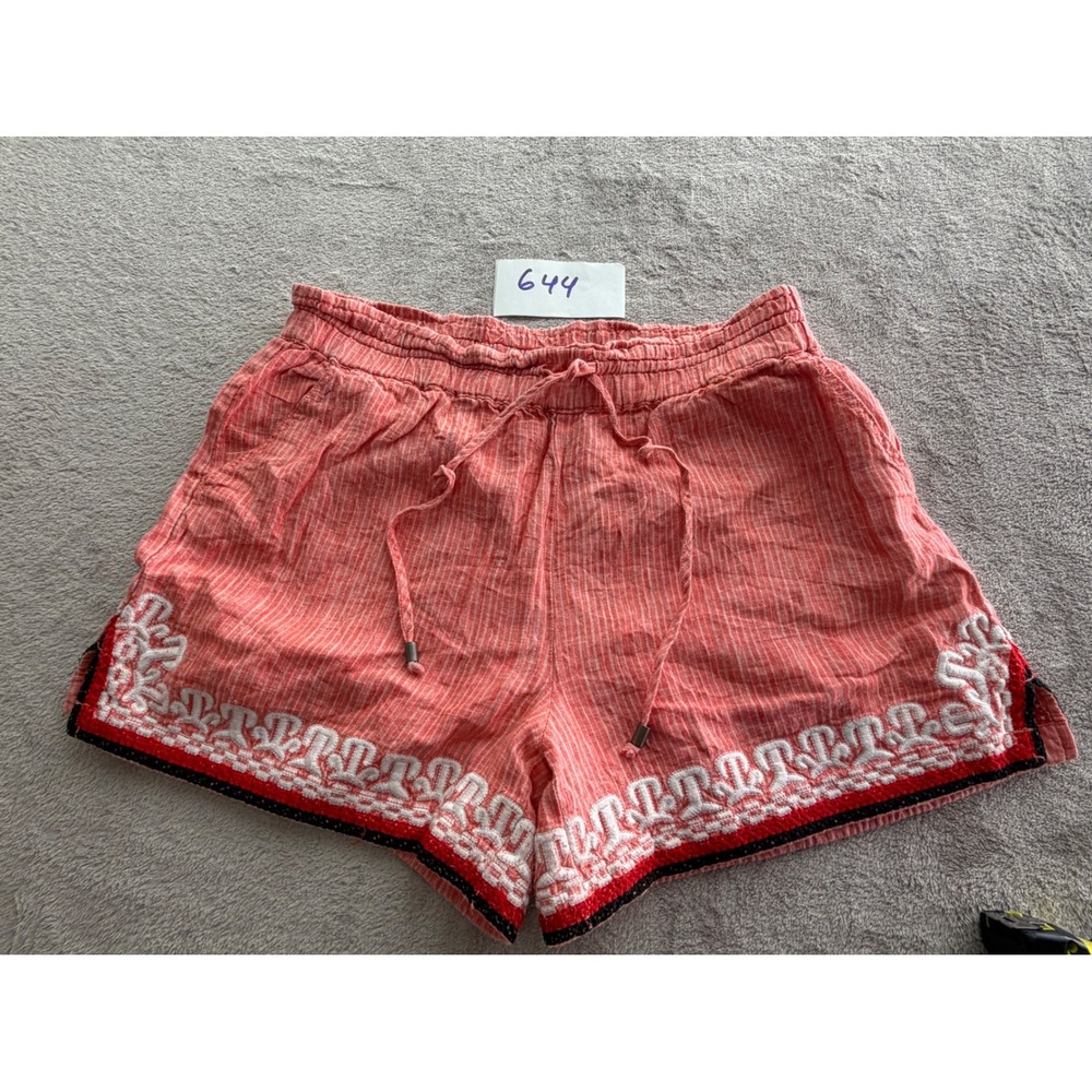 Anthropologie Shorts Women Small Coral Embroidered Pinstripe Drawstring Boho